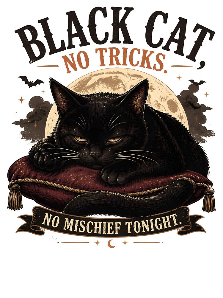 BLACK CAT, NO TRICKS No Mischief Tonight Halloween Vintage Screen Print by BernoNickel
