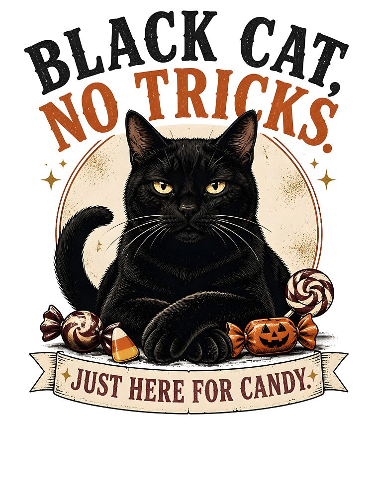 BLACK CAT, NO TRICKS Just Here for Candy Halloween Vintage Screen Print by BernoNickel