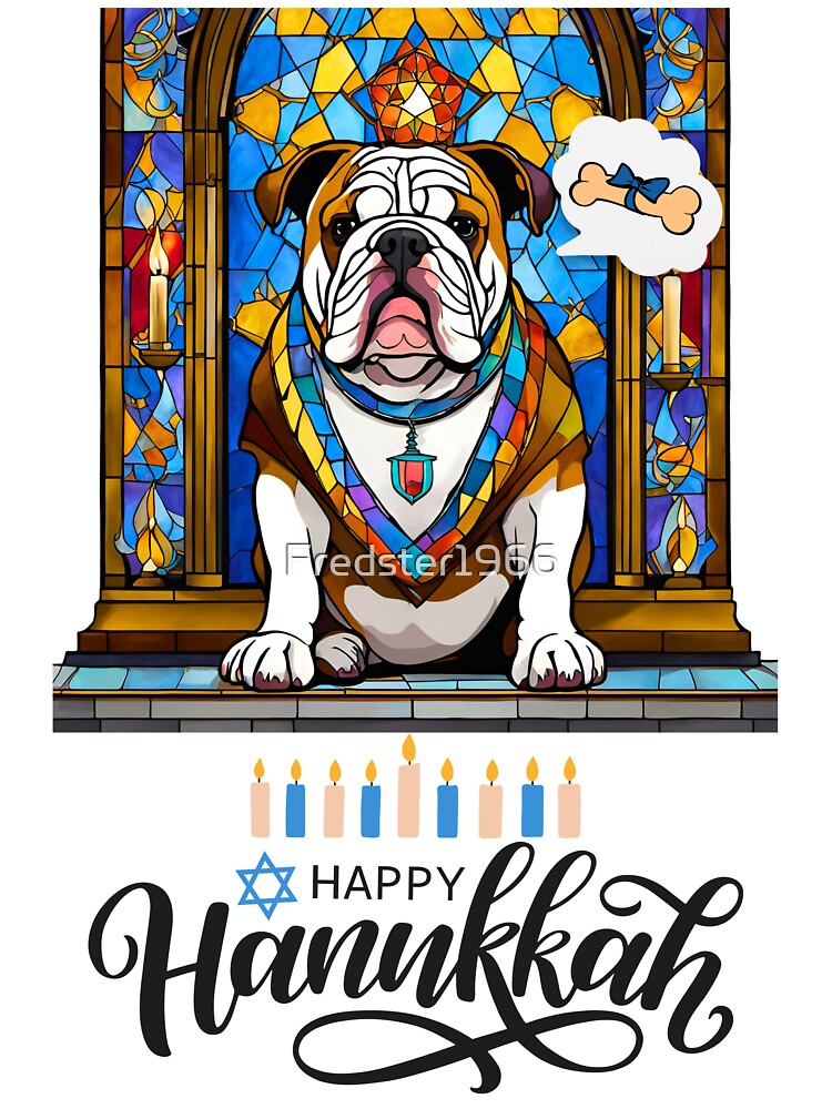 Happy Hanukkah English Bulldog – Stained Glass Menorah Art for Dog Lovers by Fredster1966