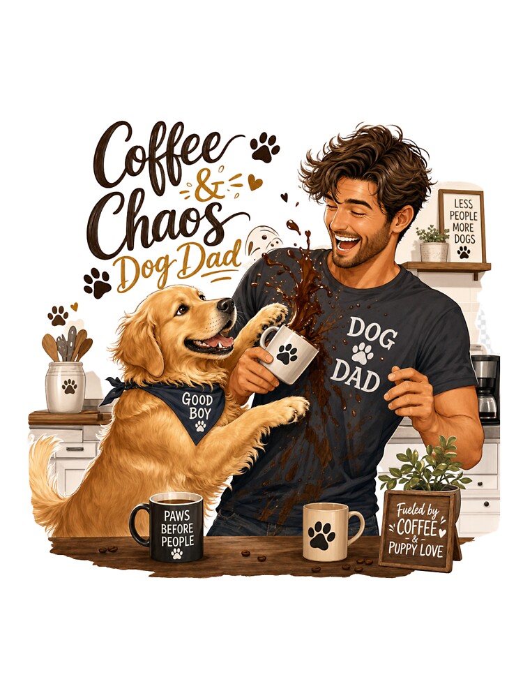 Coffee & Chaos Golden Retriever Dog Dad Kawaii T-Shirt Sticker by Ashley critters