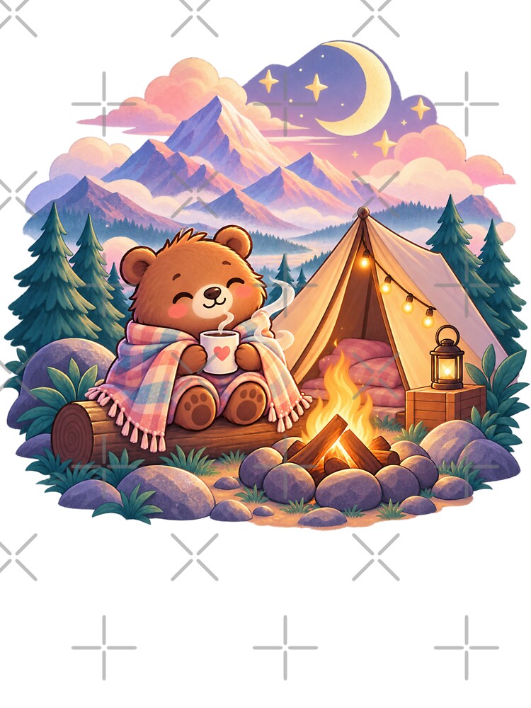 Cozy Bear Camping Under the Stars – Cute Mountain Campfire Adventure by KateVil