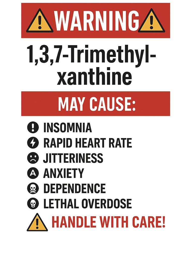 Caffeine Warning Poster – 1,3,7-Trimethylxanthine Side Effects (Funny Chemistry Art) by CyberArtistOne