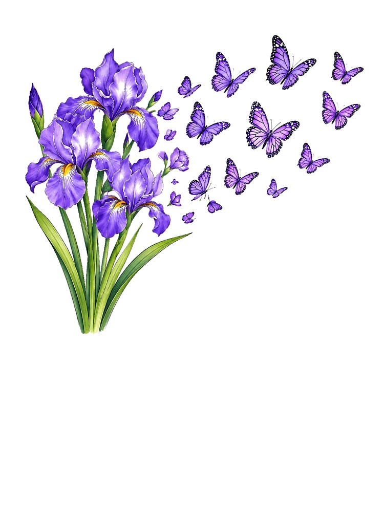 Purple Iris Butterflies Botanical Floral Watercolor Nature by Moizento