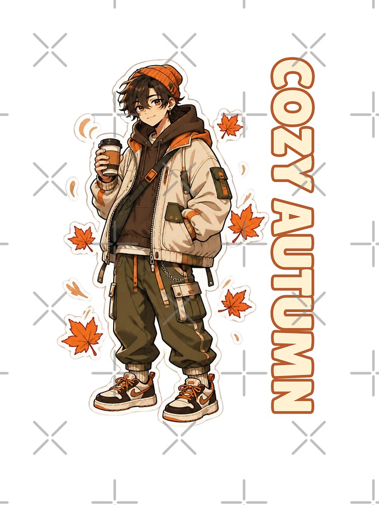 Kawaii Anime Boy in Cozy Autumn Fall Coffee Streetwear by Animepopstudio
