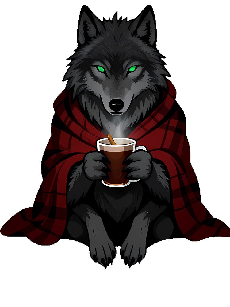 Gothic Cozy Wolf with Cocoa and Fireplace Glow by IllumeInk