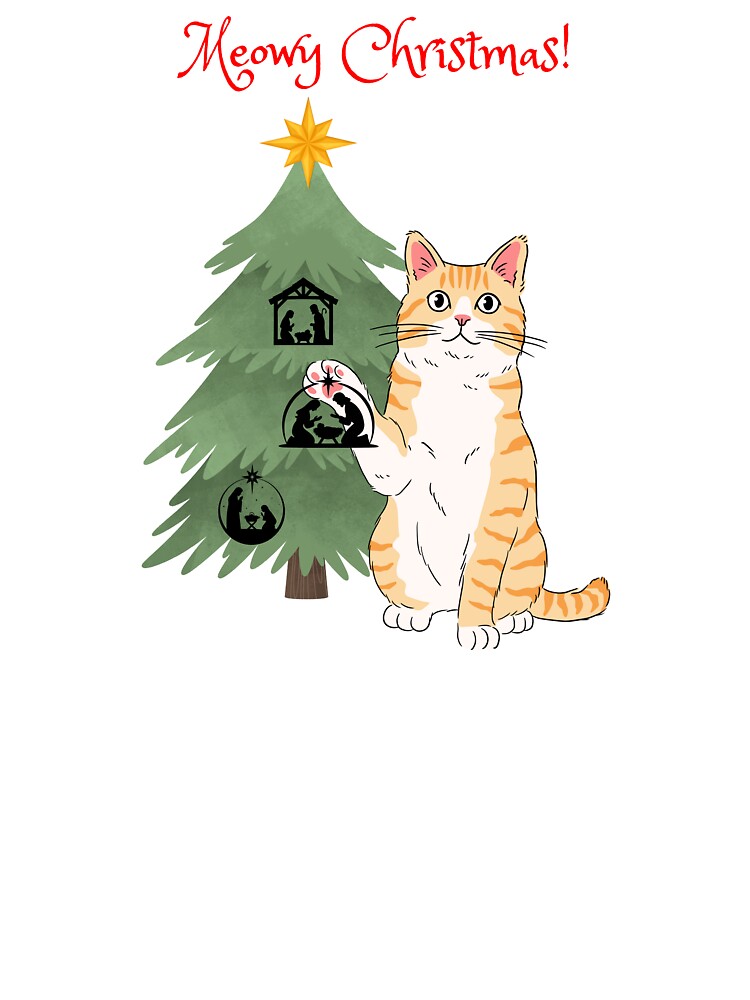 Meowy Christmas Orange Cat with Nativity Christmas Tree by MYCatStuff