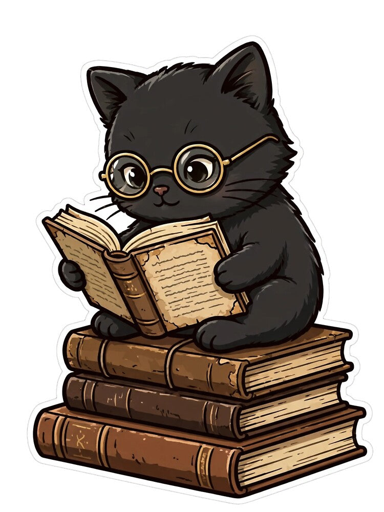 Dark Academia Black Cat Reading Books - Aesthetic Book Lover Sticker by     Fatma Creates