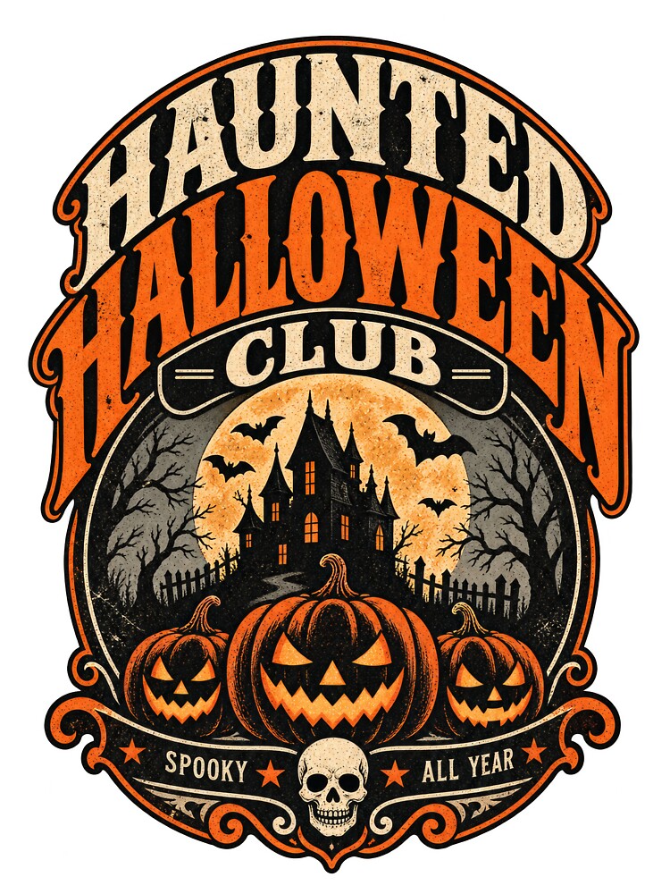 Haunted Halloween Club – Retro Vintage Spooky Haunted House & Jack-O’-Lantern Emblem by RockitBaby