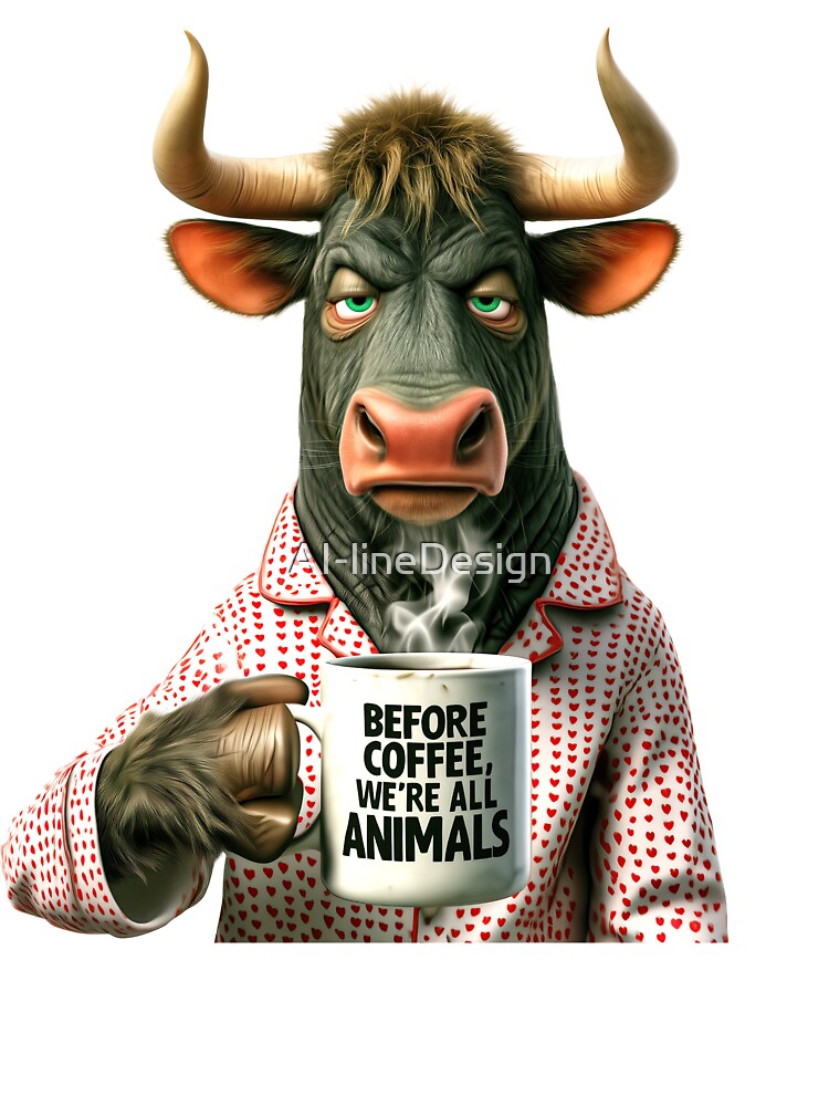 Before Coffee We’re All Animals – Grumpy Bull by AI-lineDesign