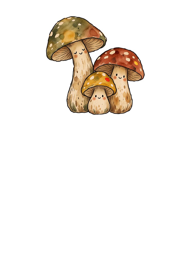 Three Cute Vintage Mushrooms with Tiny Faces by Jessie's Palette