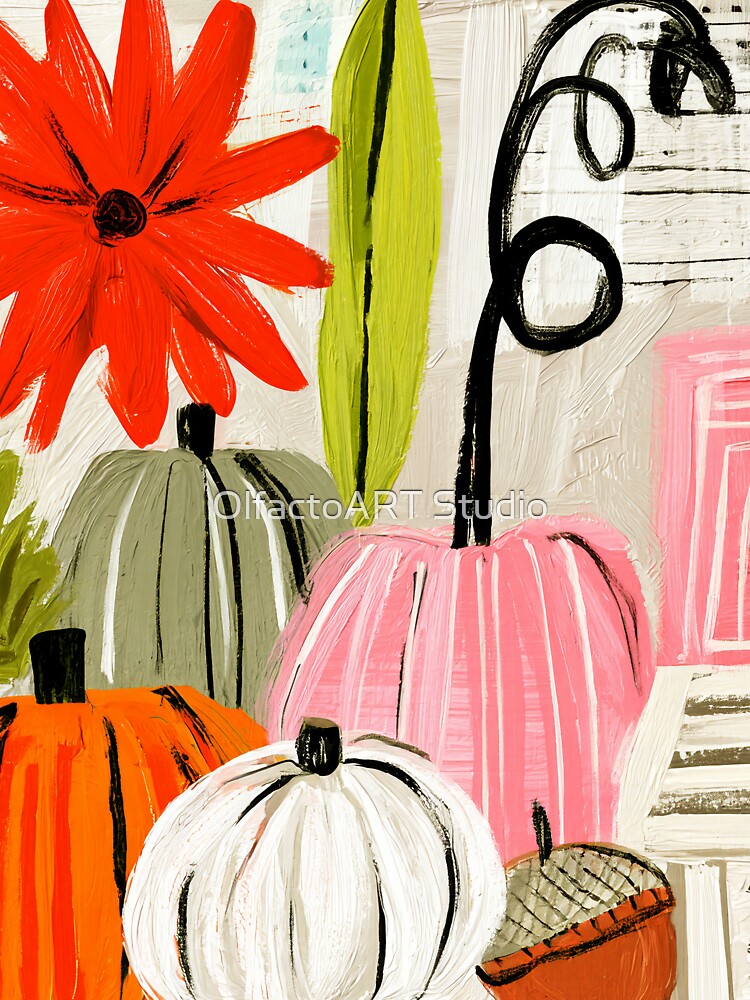 Colorful Autumn Pumpkins, Leaves and Acorns with Bold Shapes and Festive Seasonal Patterns by OlfactoART Studio