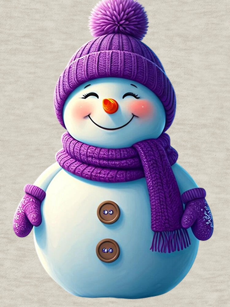 Cute Cartoon Snowman Holding Purple Heart in Dreamy Winter Scene by PixelVibe782