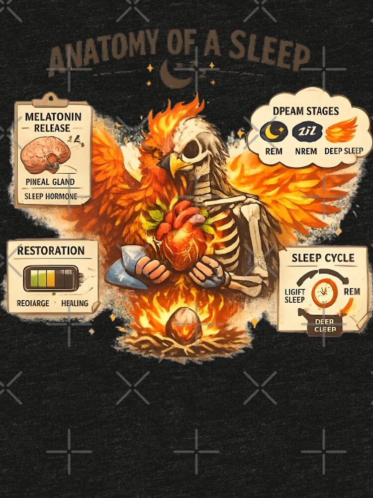 Anatomy of Sleep Vintage Phoenix Skeleton T-Shirt Design by CosmicSplendor