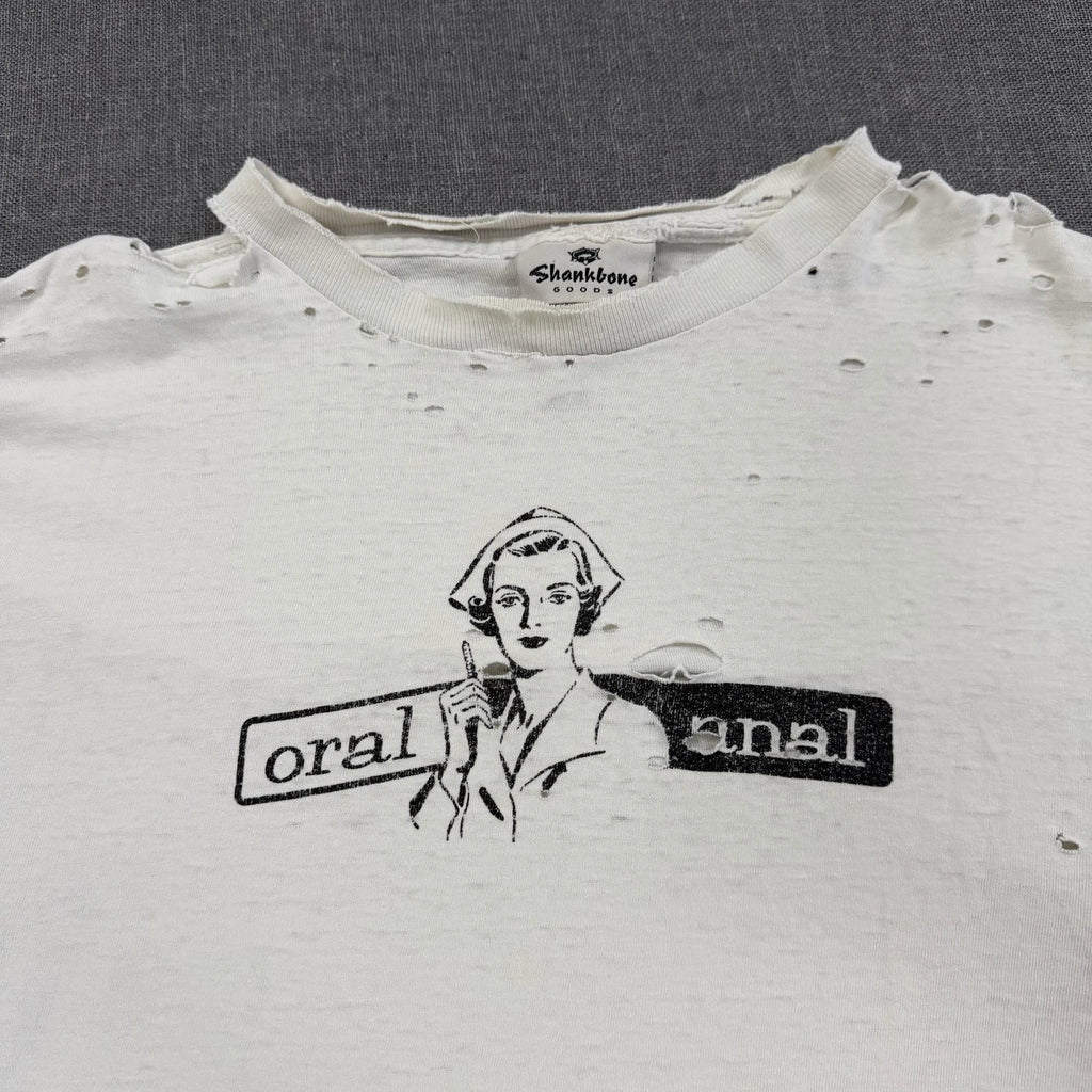 Vintage Oral Anal Nurse T-Shirt Mens XL White Distressed Humor NSFW BDSM Faded