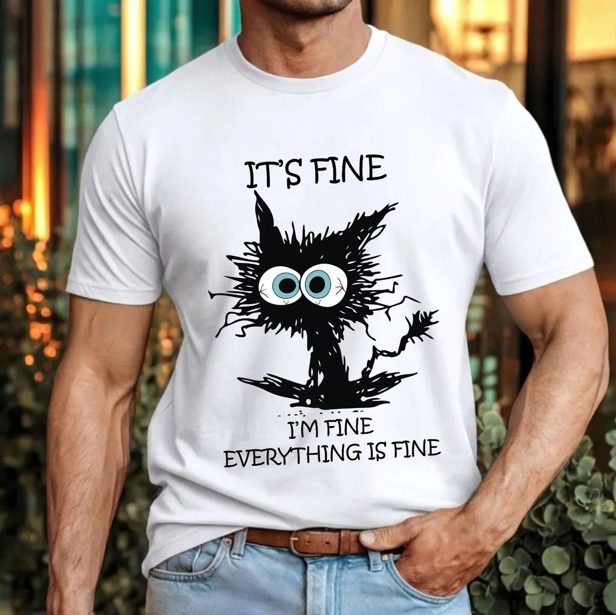 It's Fine Black Cat T-Shirt Stress Humour Scribble Cat Anxiety Funny Gift Top