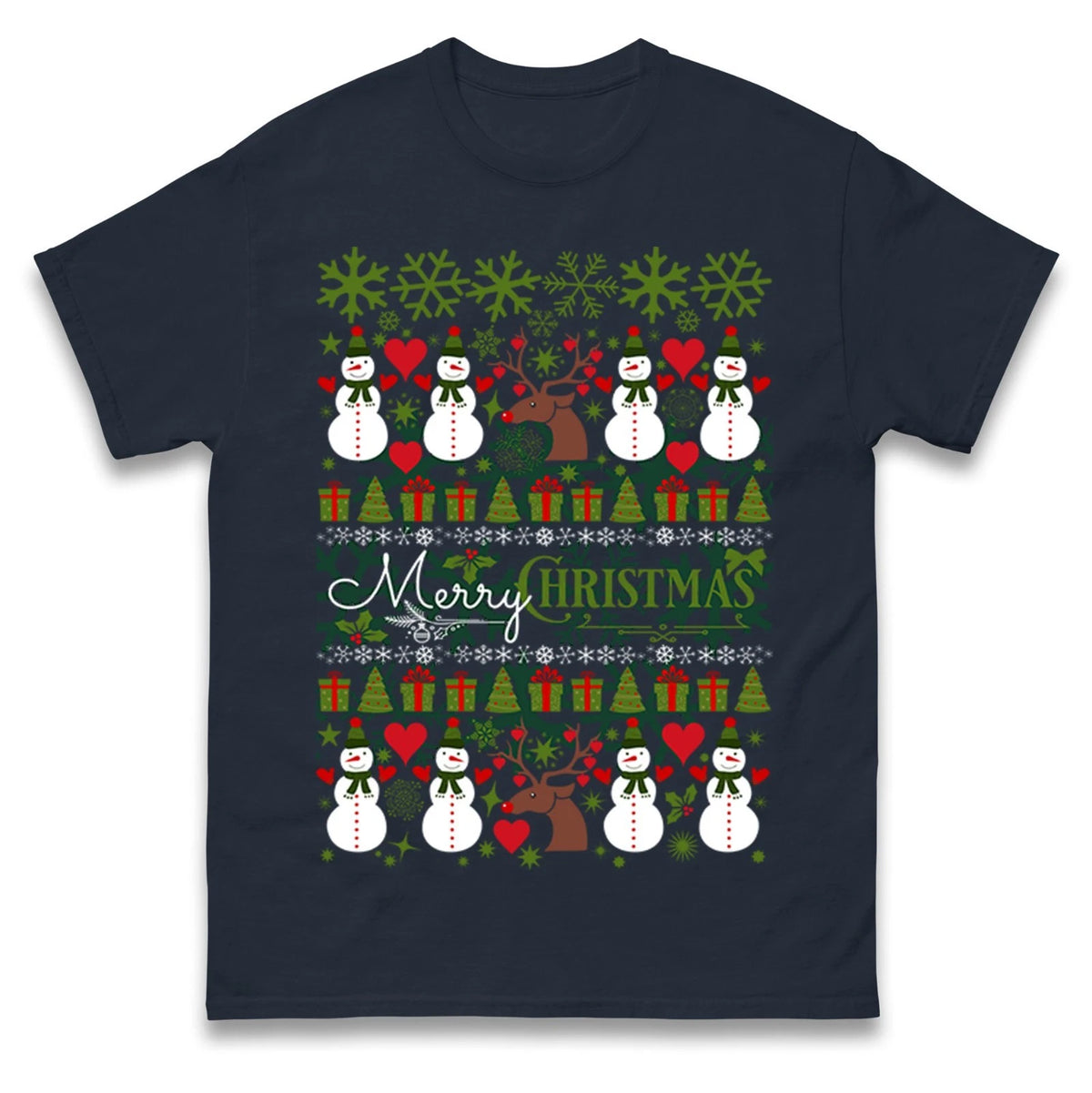 Merry Christmas Snowman Reindeer T-Shirt Funny Festive Holiday Xmas Gift Tee Top