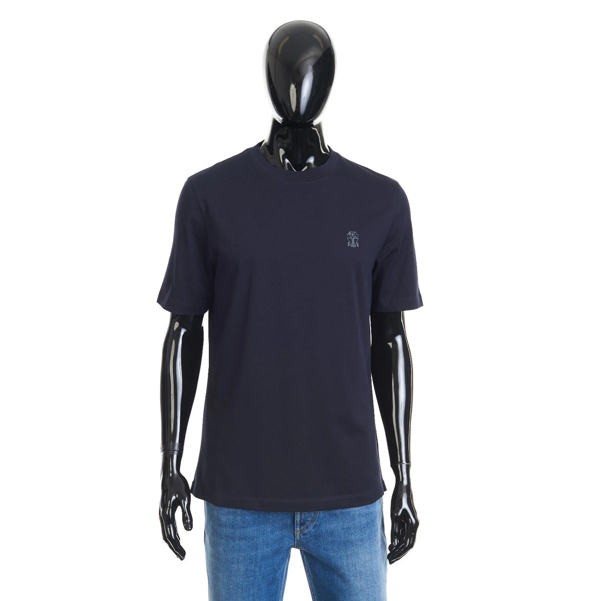 BRUNELLO CUCINELLI 650$ Crewneck Tshirt With Logo Print - Navy Cotton Jersey
