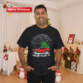 Red Muscle Car Christmas Tree Snow Scene Holiday Graphic T-Shirt