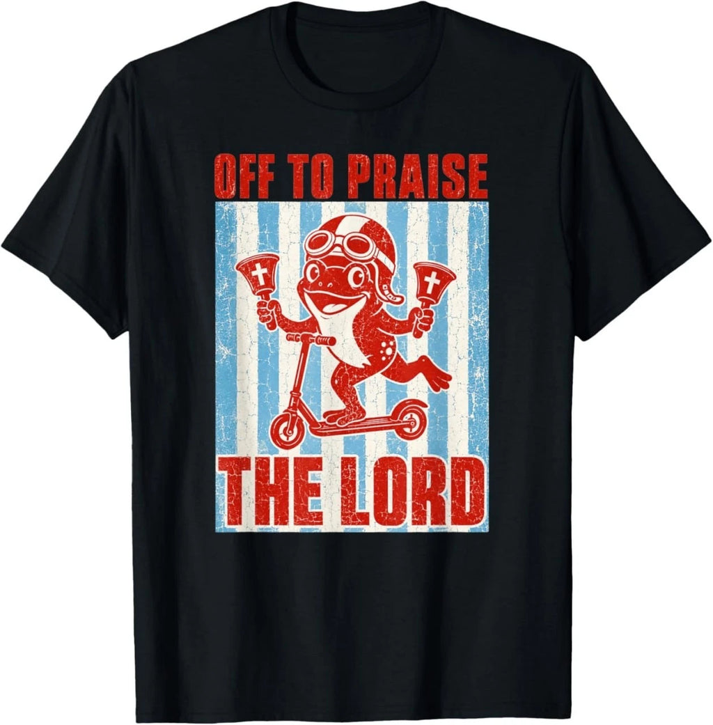 Vintage Style Frog Church Handbells Meme Shirt Off to Praise the Lord Funny Tee