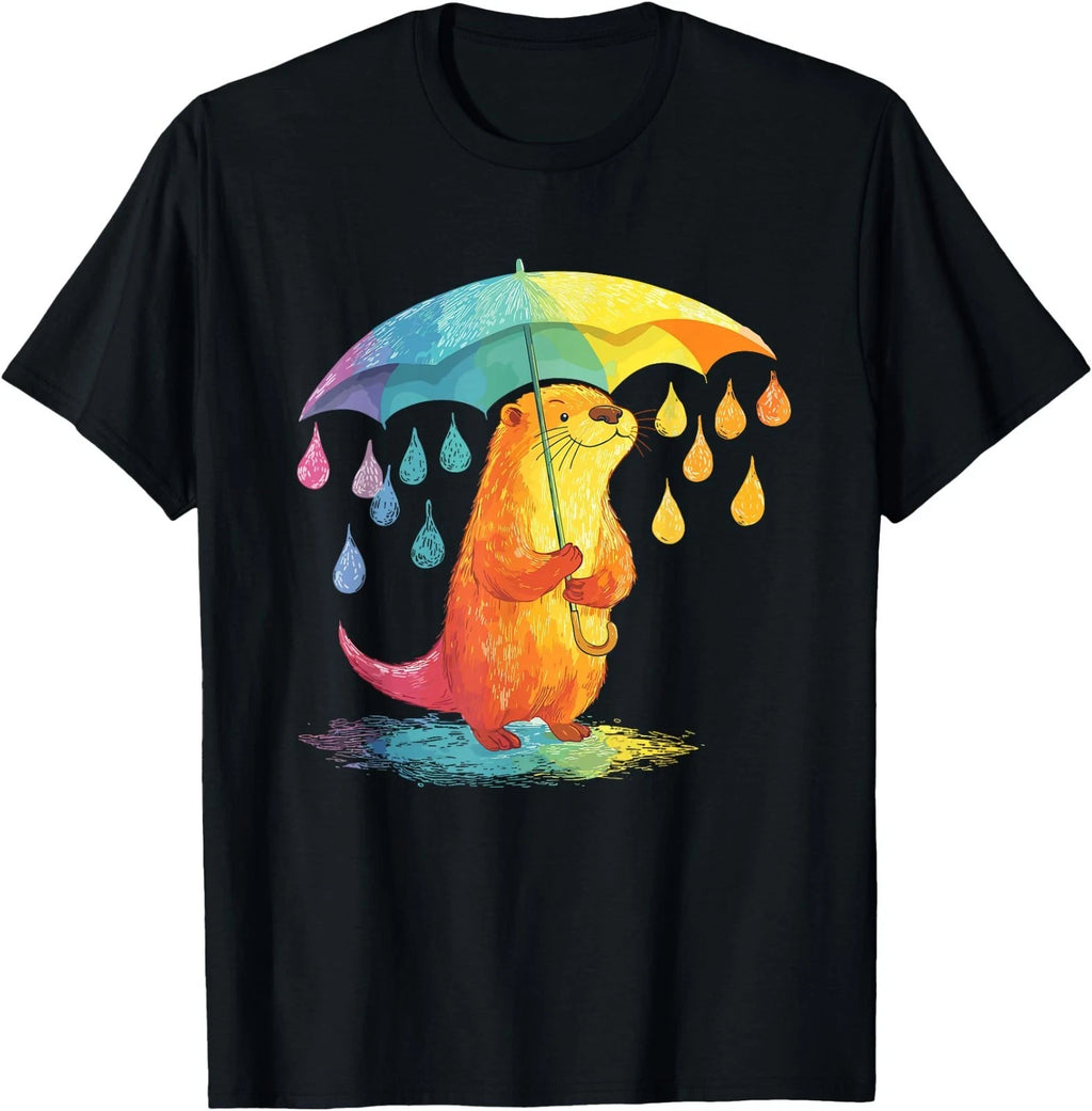 Kawaii Rainbow Otter with Umbrella and Colorful Raindrops T-Shirt