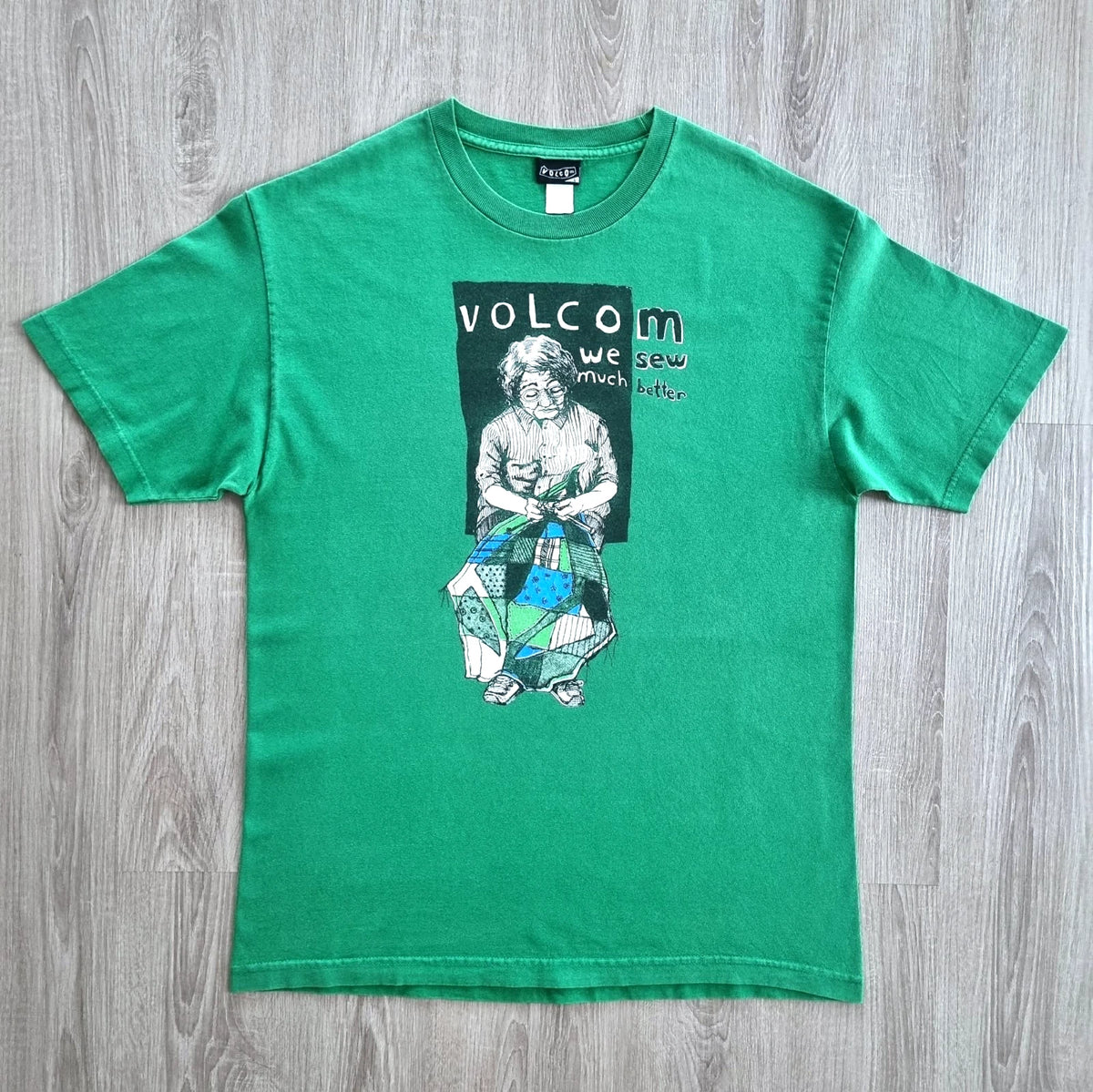 Vintage VOLCOM Skate Shirt L Grandma Patchwork Graphic Skateboard Punk Green