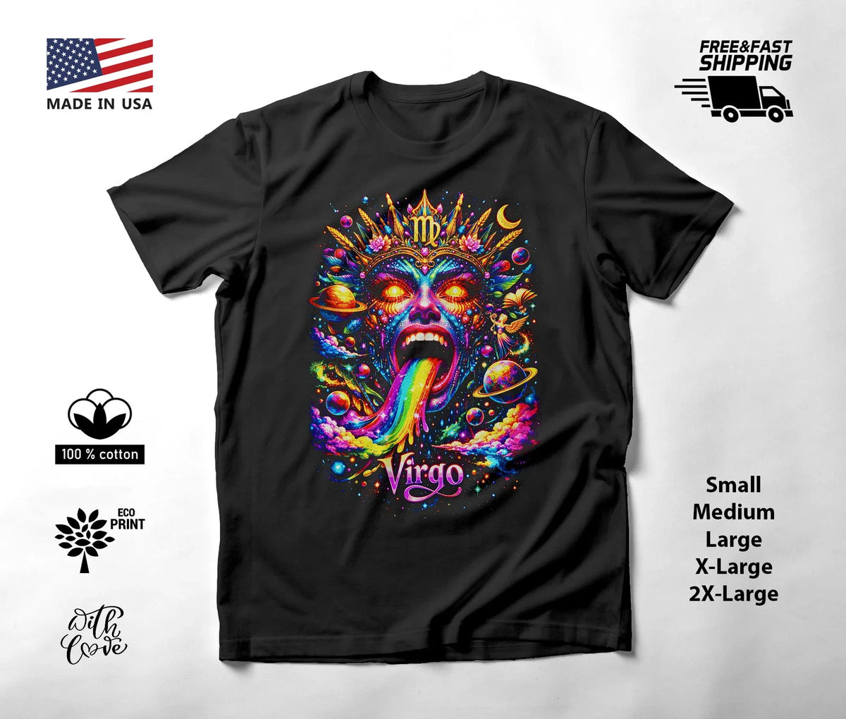 Cosmic Rainbow Virgo Mask Zodiac T-Shirt Black Unisex