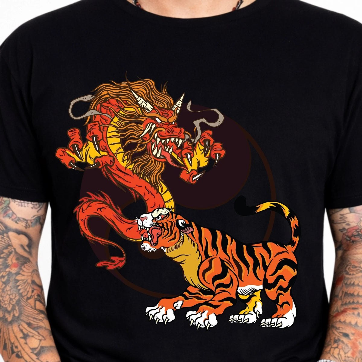 Dragon Tiger Tee Chinese Japanese Yin Yang Martial Arts Oriental Graphic Shirt.
