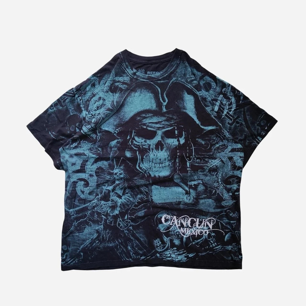 Y2K Reec Cancun Mexico Pirate Skull Cotton T-Shirt with blue skull AOP graphic