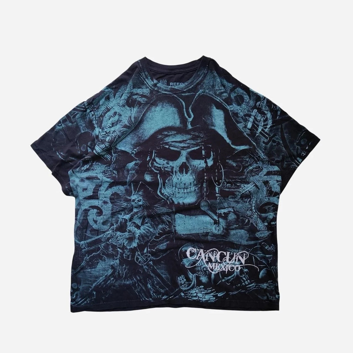 Y2K Reec Cancun Mexico Pirate Skull Cotton T-Shirt with blue skull AOP graphic