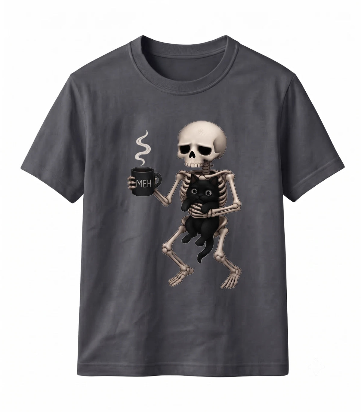 Retro Skeleton Holding Black Cat T-Shirt Funny Meh Coffee Graphic Tee