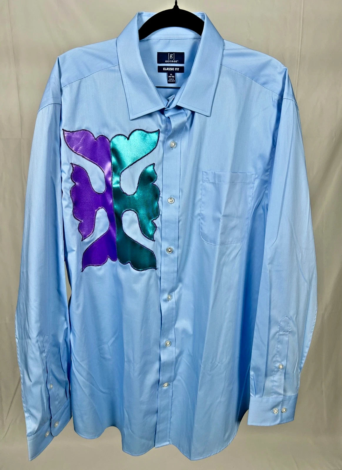 Handmade Appliqué Designed Shirt Men XL Light Blue Wearable Art Enrolled Artist