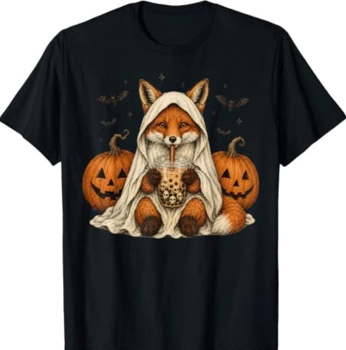Cute Fox Ghost Boba Tea Halloween Pumpkin Bats T-Shirt