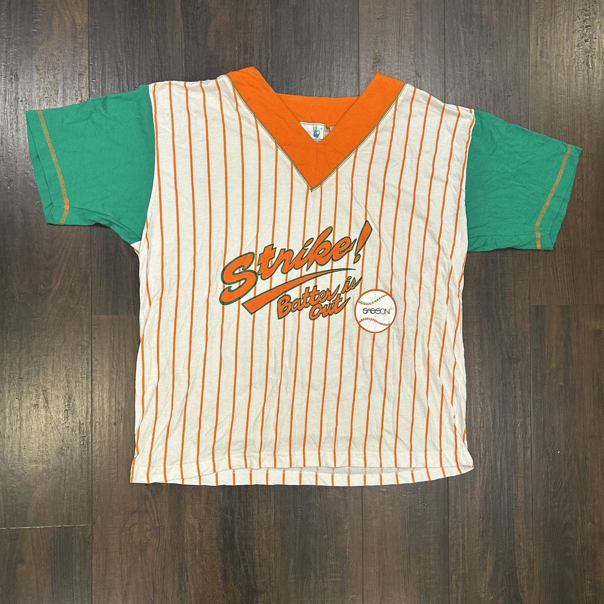 VTG 80s Sasson Baseball Jersey Shirt Pinstripe Strike Batter Is Out Sassoon LG