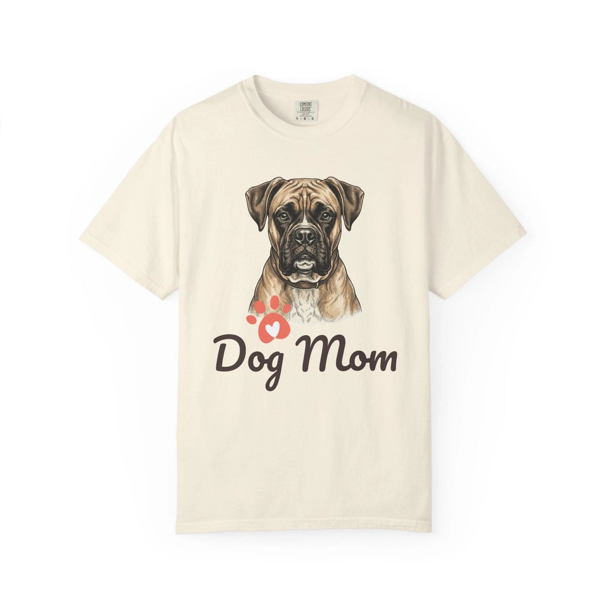 Dog Mom T-Shirt — Realistic Boxer Dog Portrait with Paw Print