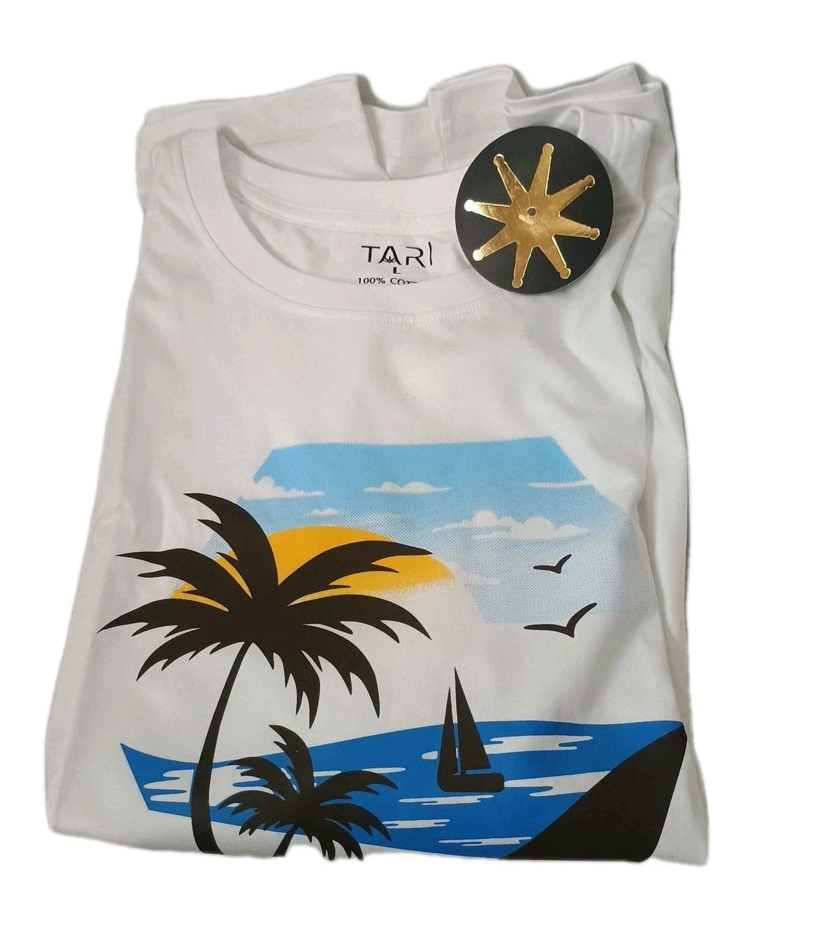 Men's Classic T-Shirt Beach Scene W/Sun Palm Trees Graphic Tee 100% Cotton    12