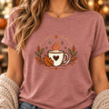 Fall Coffee T-Shirt: Latte Mug and Autumn Leaves Graphic
