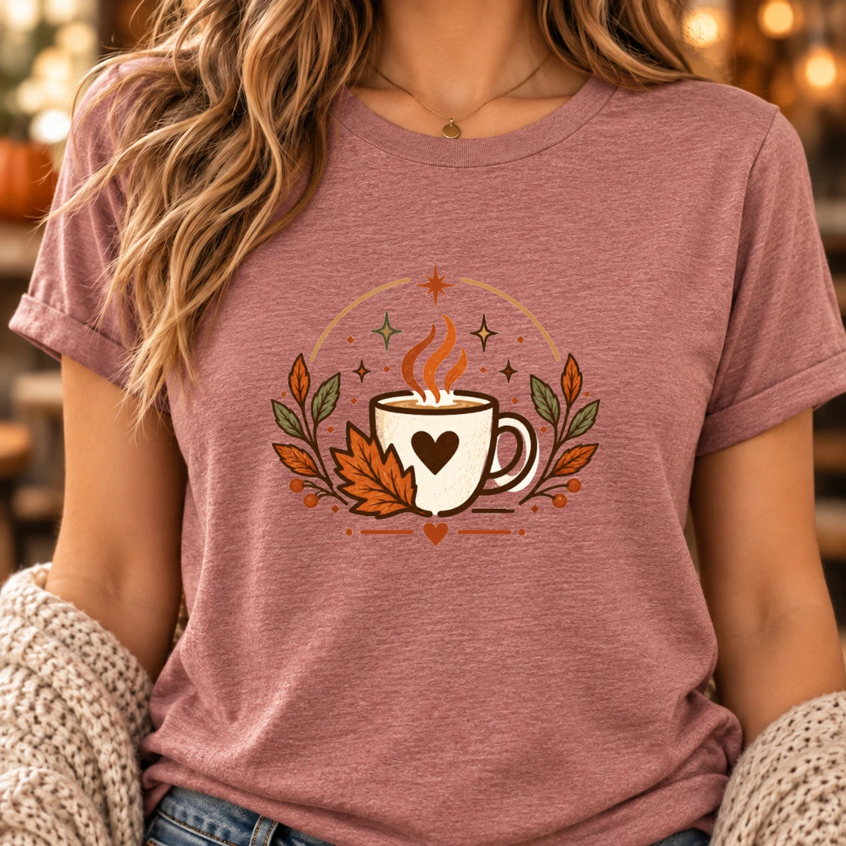 Fall Coffee T-Shirt: Latte Mug and Autumn Leaves Graphic