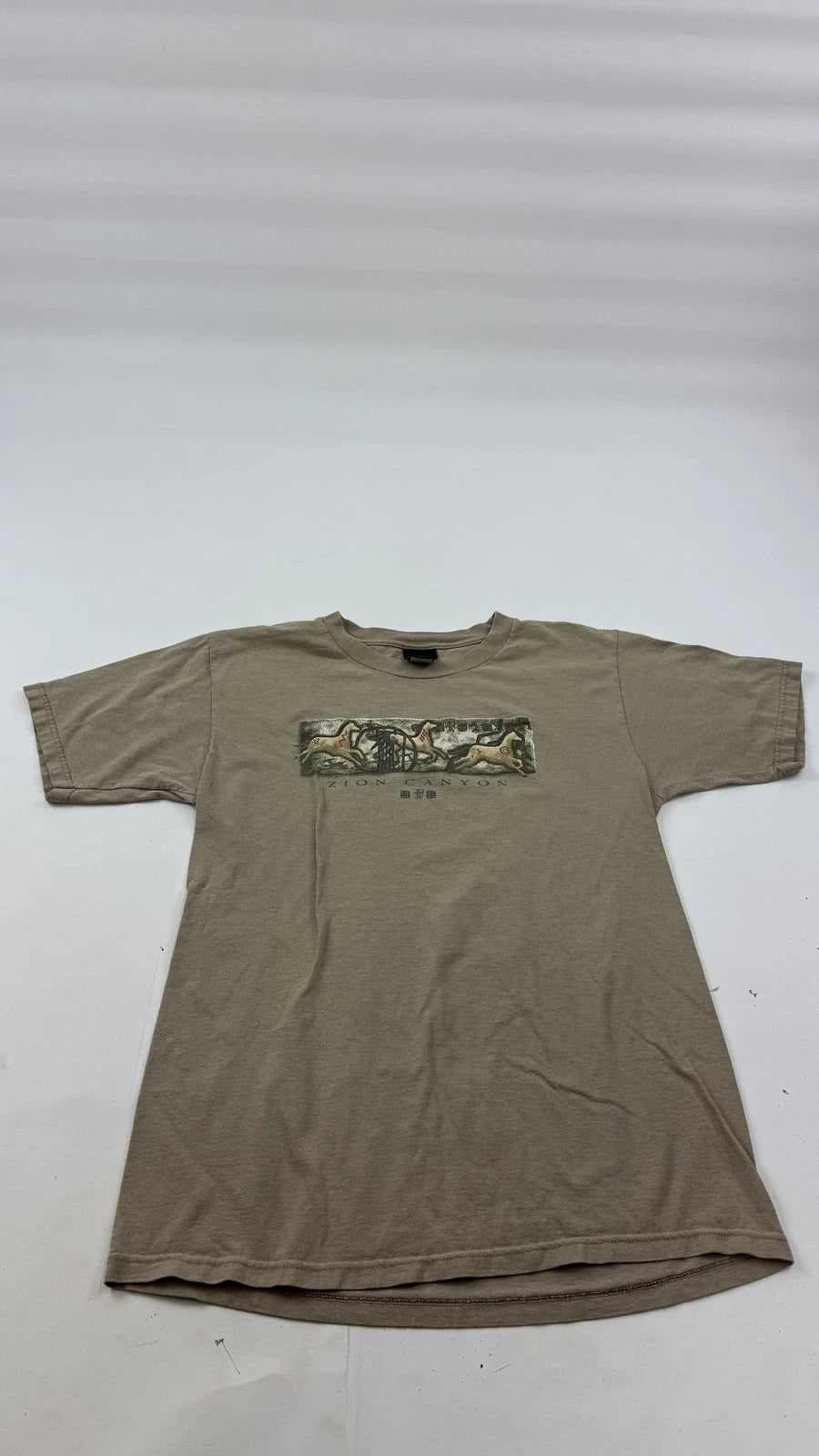 Vintage Prairie Mountain Zion Canyon Shirt Mens Large Beige Horse Tee Made USA