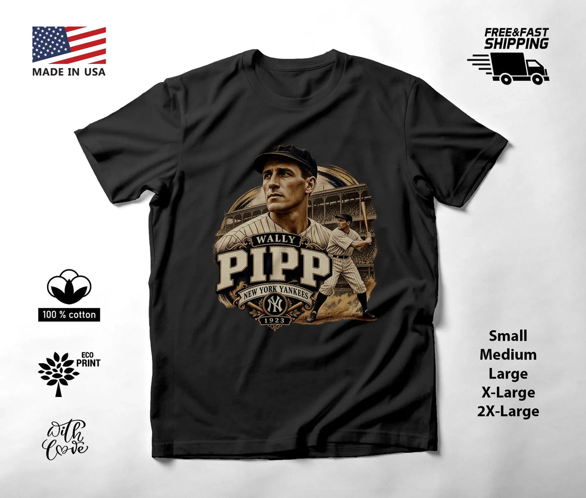 Wally Pipp New York Yankees Vintage Baseball T-Shirt Black Unisex