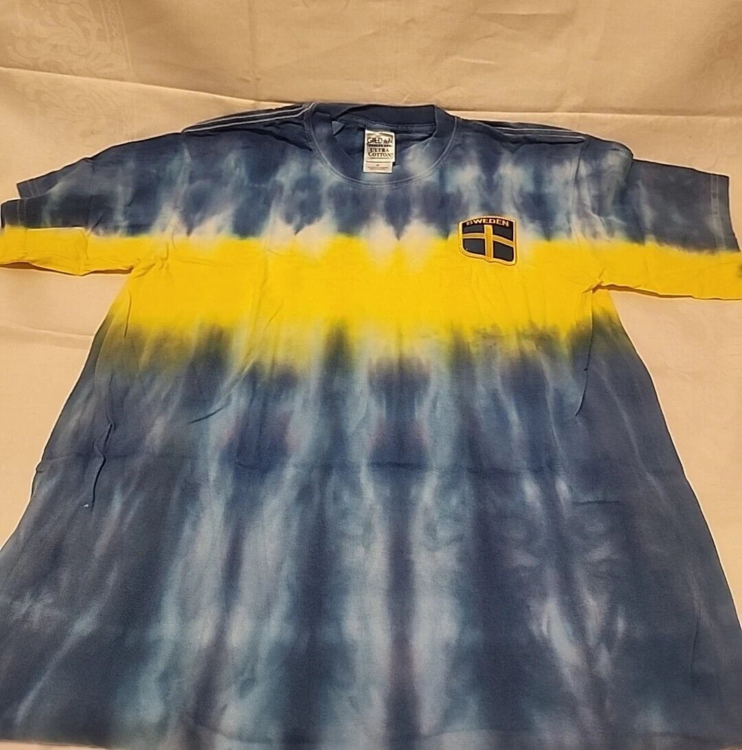 Sweden Flag Tie Dye Shirt Medium Short Sleeves 100 % Cotton New  Blue/Yellow