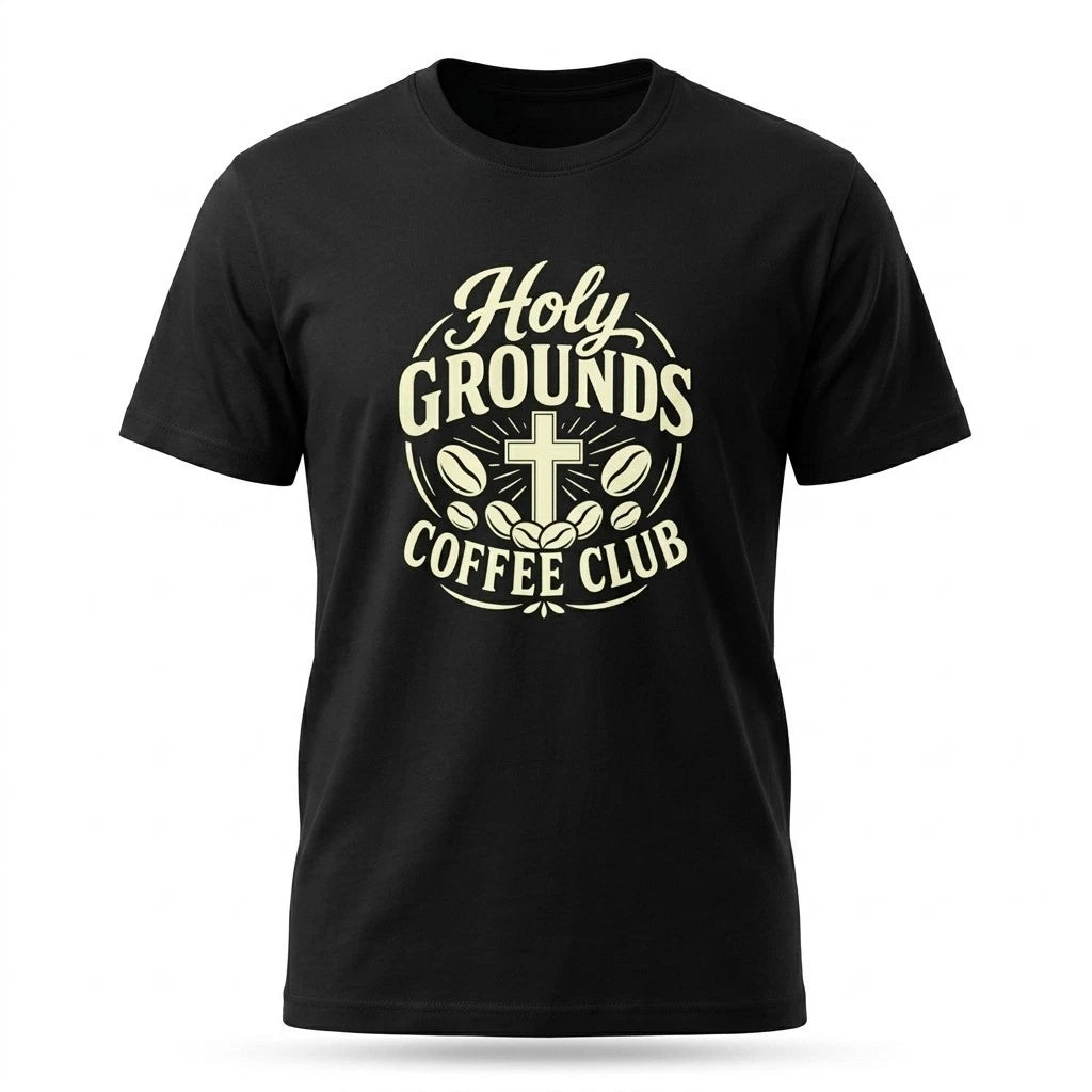 Holy Grounds Coffee Club Christian Coffee Black T-Shirt Faith Barista Tee