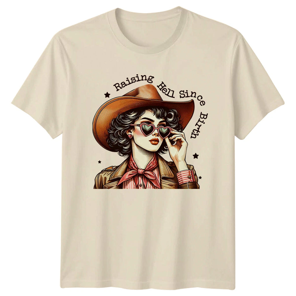 Retro Cowgirl Raising Hell Since Birth Western Style Graphic T-Shirt