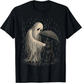 Vintage Ghost Umbrella Over Black Cat Rainy Gothic Halloween T-Shirt