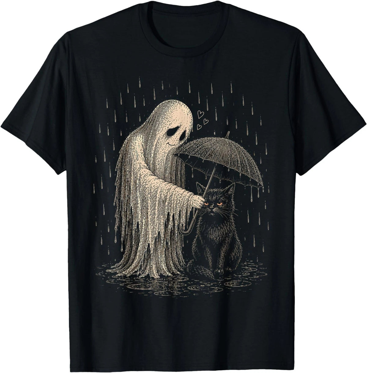 Vintage Ghost Umbrella Over Black Cat Rainy Gothic Halloween T-Shirt