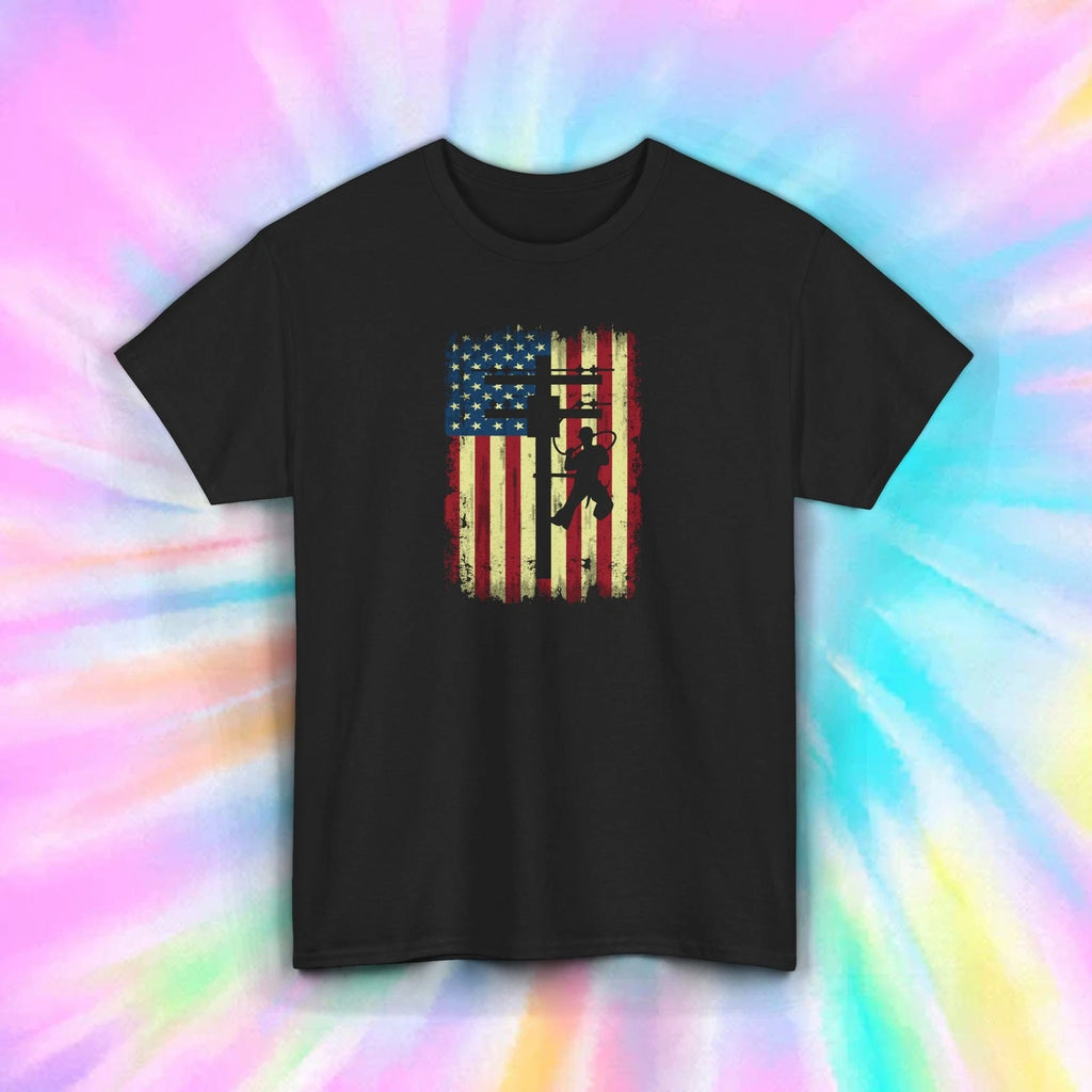 American Flag Lineman T-Shirt Patriotic Utility Worker USA Tee S-5XL
