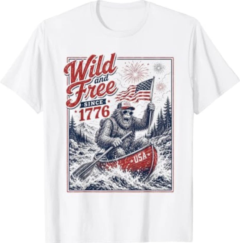 Patriotic Bigfoot Wild and Free Since 1776 American Flag T-Shirt
