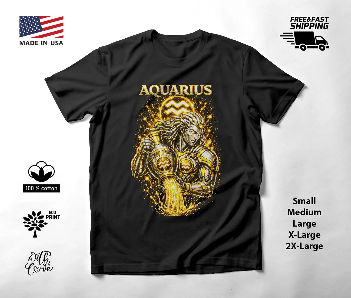 Golden Armored Aquarius Water Bearer Zodiac T-Shirt Black Unisex