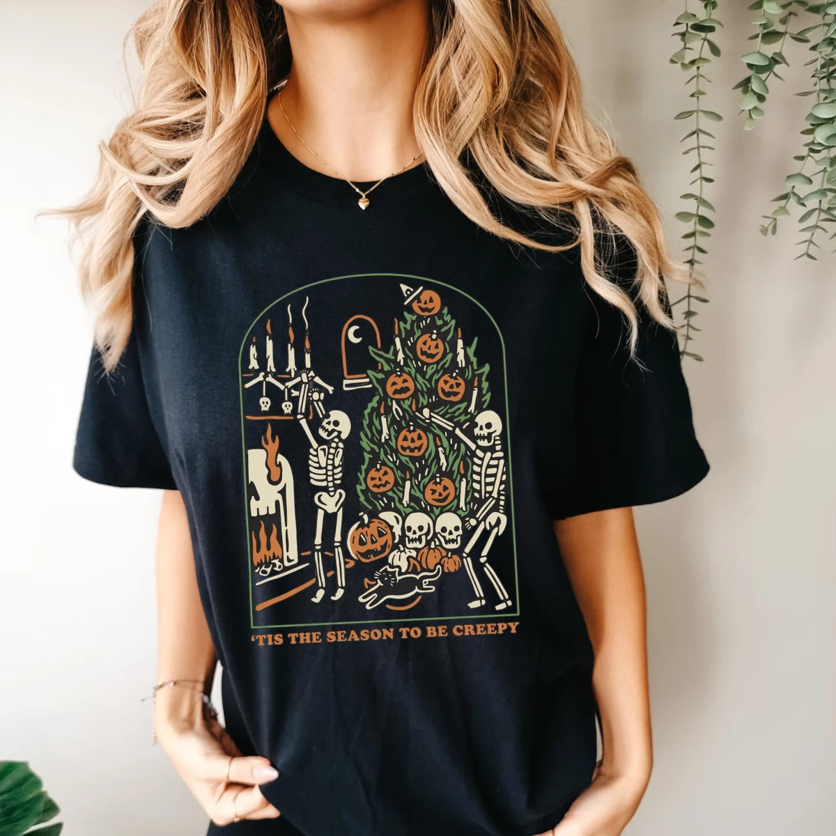 'Tis The Season To Be Creepy Skeletons Decorating Halloween Black Unisex T-Shirt
