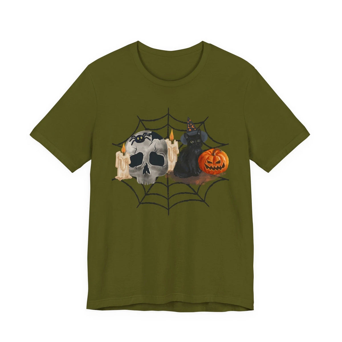 Skull Cat Pumpkin Spiderweb Tee