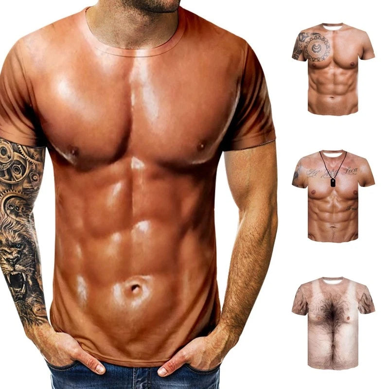 Men Casual Outdoor Slim T-Shirt Novelty 3D Muscle Print Pullover Tees Streetwear